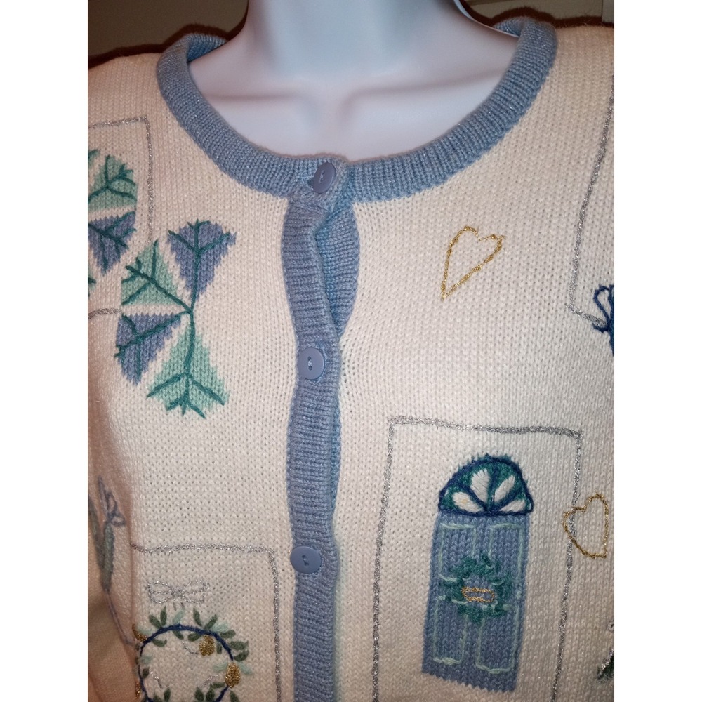 Vintage Winter Wonderland Embroidered Cardigan Sweater Blue Cream Christmas L - Picture 2 of 15